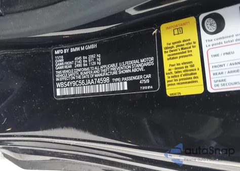 2018 BMW M4 from USA, damaged, VIN WBS4Y9C56JAA74598